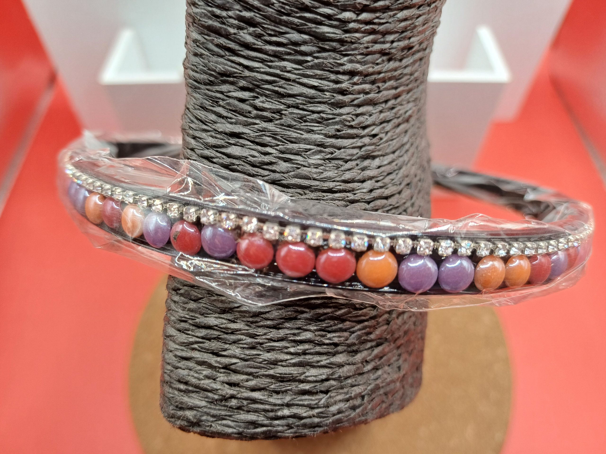 Serre tête perles orange violet rouge et brillant